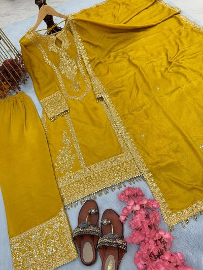 Mustard Yellow Chinon Silk Designer Palazzo Suit Set