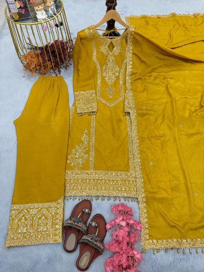 Mustard Yellow Chinon Silk Designer Palazzo Suit Set