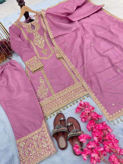 Pastel Pink Chinon Silk Designer Palazzo Suit Set
