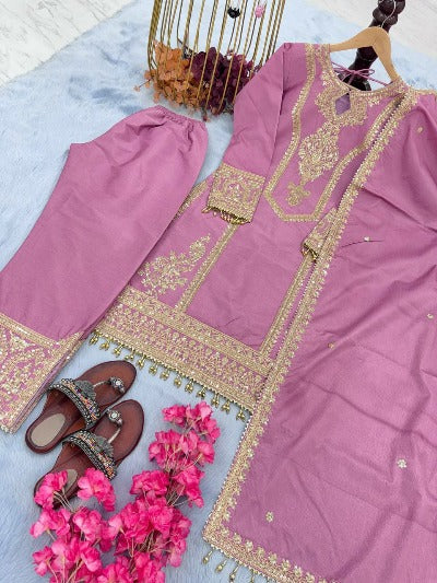 Pastel Pink Chinon Silk Designer Palazzo Suit Set