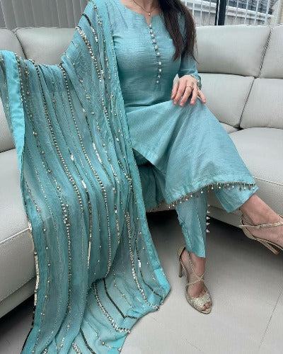 Sea Blue Chinon Silk Full Sleeves Salwar Suit Set