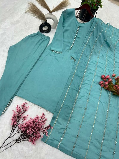 Sea Blue Chinon Silk Full Sleeves Salwar Suit Set