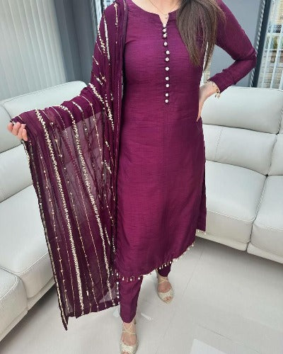 Wine Chinon Silk Full Sleeves Salwar Suit Set