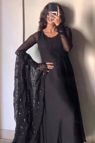 Black Faux Georgette Umbrella Flair Anarkali Gown Suit Set