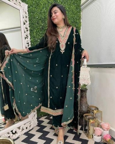 Dark Green Velvet Ethnic Partywear Salwar Suit Set