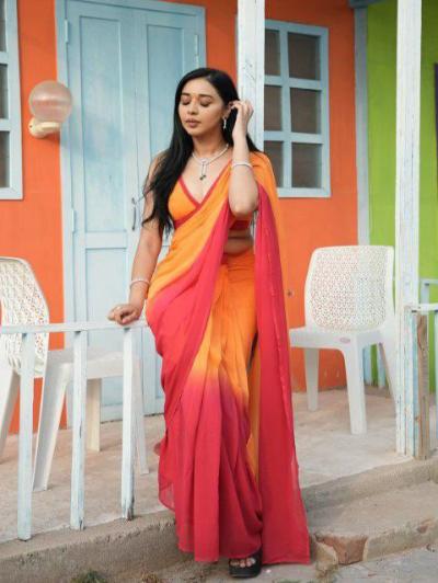 1 Min Orange Red Stitched Readymade Saree