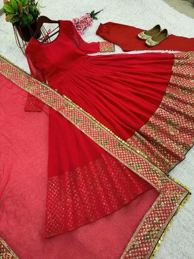 Cherry Red Digital Print Embroidered Anarkali Suit Set