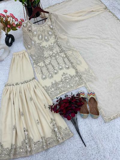 Cream Beige Wedding Wear Gharara Suit Set