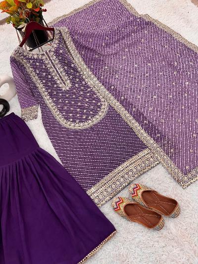 Purple Embroidery Sequins Work Sharara Suit Set