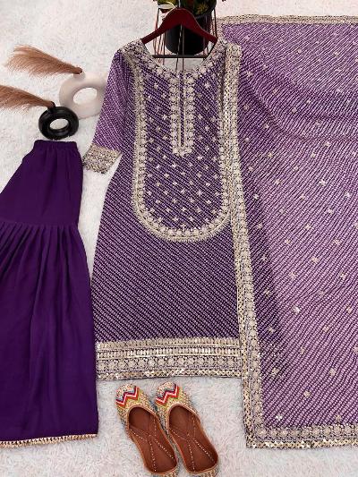 Purple Embroidery Sequins Work Sharara Suit Set