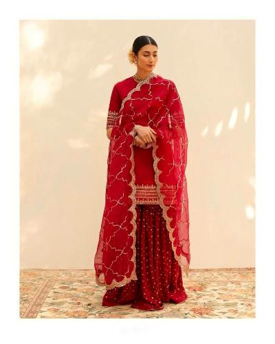 Red Ethnic Georgette Rich Sharara Suit Set