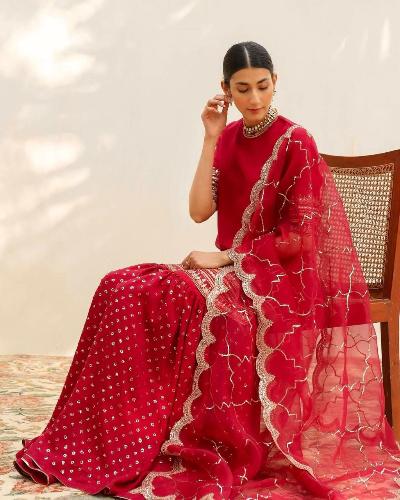 Red Ethnic Georgette Rich Sharara Suit Set