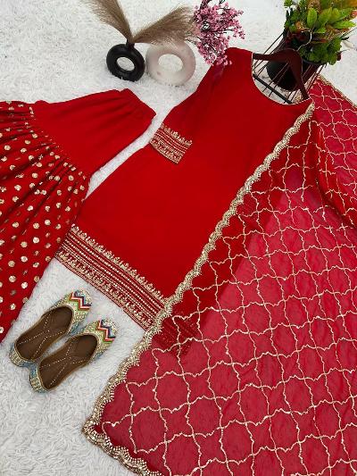 Red Ethnic Georgette Rich Sharara Suit Set