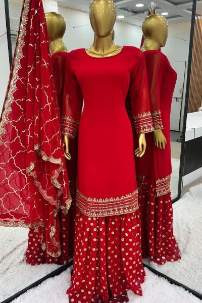 Red Ethnic Georgette Rich Sharara Suit Set