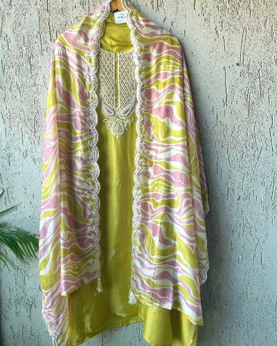 Lime Yellow Chinon Silk Embroidered Salwar Suit Set