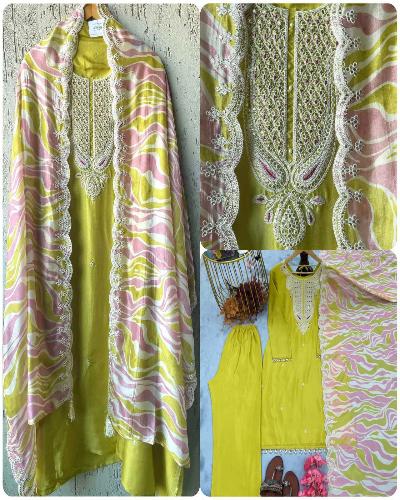 Lime Yellow Chinon Silk Embroidered Salwar Suit Set