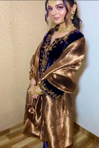 Dark Blue Velvet Embroidery Salwar Suit With Rich Gold Dupatta