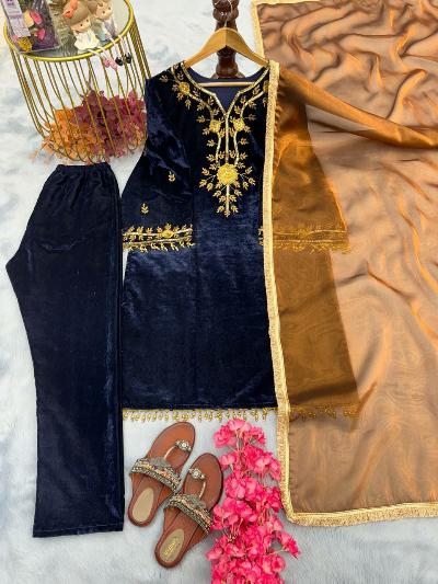 Dark Blue Velvet Embroidery Salwar Suit With Rich Gold Dupatta