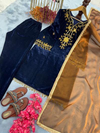 Dark Blue Velvet Embroidery Salwar Suit With Rich Gold Dupatta