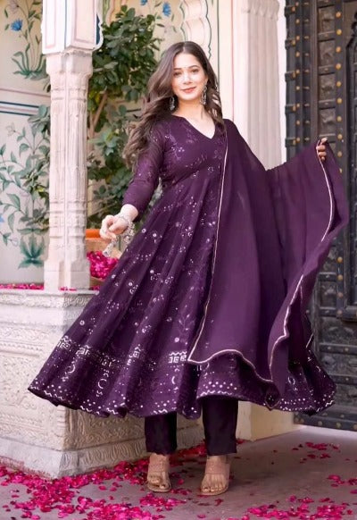 Purple Georgette Heavy Embroidered Designer Anarkali Gown Set