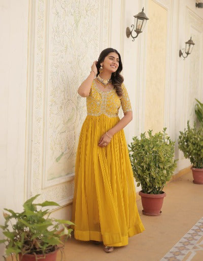 Yellow Faux Blooming Zari Embroidered Gown 1pc