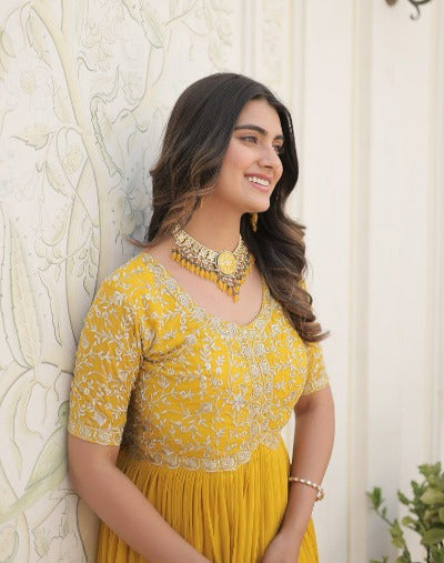 Yellow Faux Blooming Zari Embroidered Gown 1pc