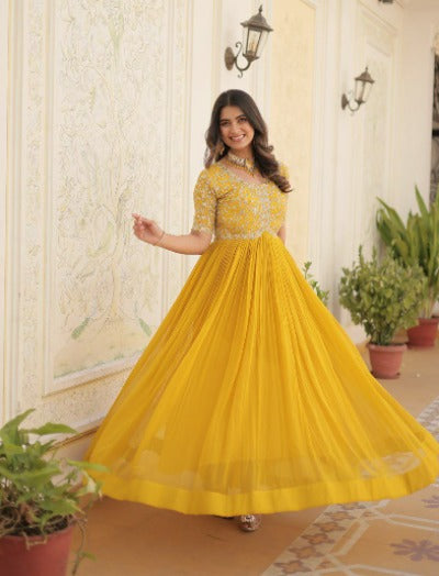 Yellow Faux Blooming Zari Embroidered Gown 1pc