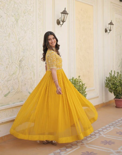 Yellow Faux Blooming Zari Embroidered Gown 1pc