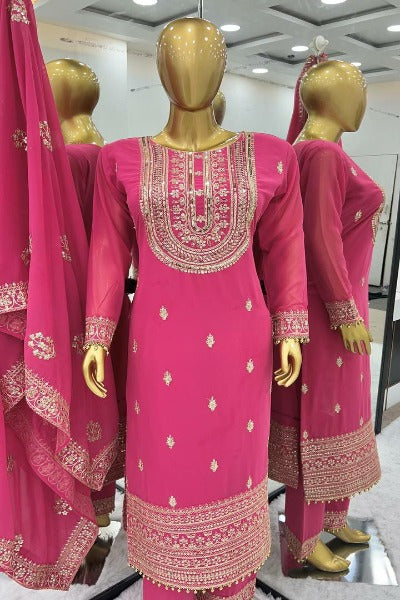Pink Georgette Sequins Full Sleeves Straight Suit Set