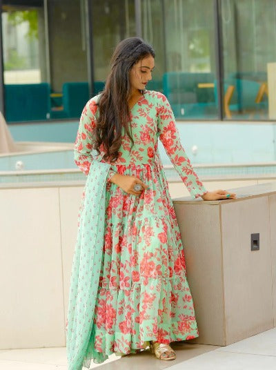 Mint Green Floral Digital Print Anarkali Suit Set