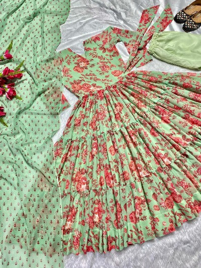 Mint Green Floral Digital Print Anarkali Suit Set