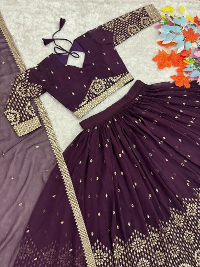 Wine Georgette Heavy Sequence Work Stitched Lehenga Set