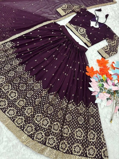 Wine Georgette Heavy Sequence Work Stitched Lehenga Set