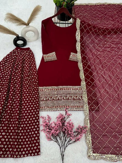 Maroon With Gold Embroidery Georgette Salwar Suit Set