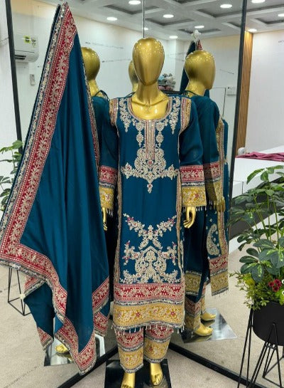 Teal Blue Heavy Designer Wear Salwar Suit Set