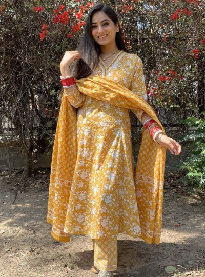 Yellow Cotton Mil Printed  Flaired Anarkali Suit Set