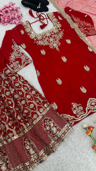 Red Georgette Wedding Wear Sharara Suit Set