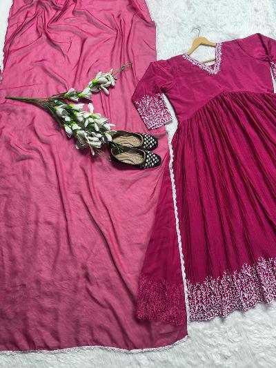 Pink Chinon Silk Crush Alia Cut Anarkali Suit Set