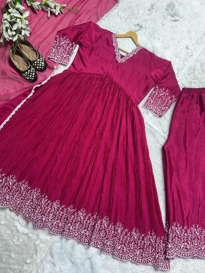 Pink Chinon Silk Crush Alia Cut Anarkali Suit Set