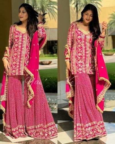 Dark Pink Sequins Work Partywear Sharara Suit Set