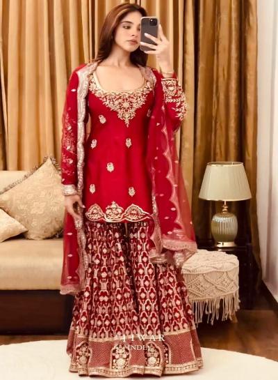 Red Georgette Wedding Wear Sharara Suit Set