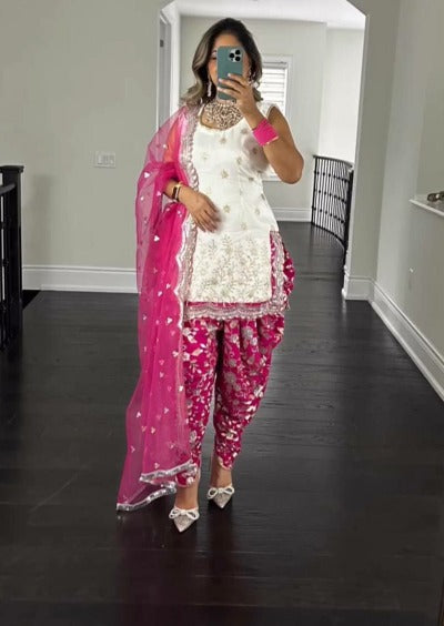 Pink & White Georgette Sequence Punjabi Dhoti Salwar Suit