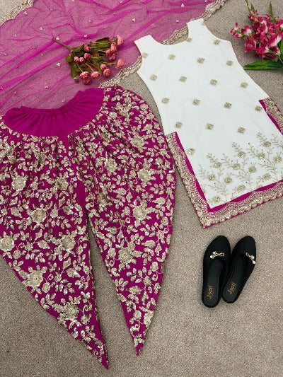 Pink & White Georgette Sequence Punjabi Dhoti Salwar Suit