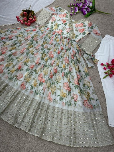 White Floral Georgette Flair Anarkali Gown Suit Set