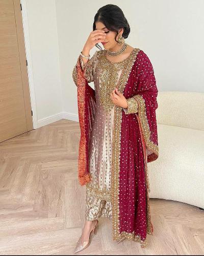 Champagne Gold Silk Sequins Red Dupatta Salwar Suit