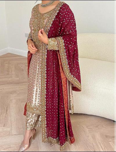 Champagne Gold Silk Sequins Red Dupatta Salwar Suit