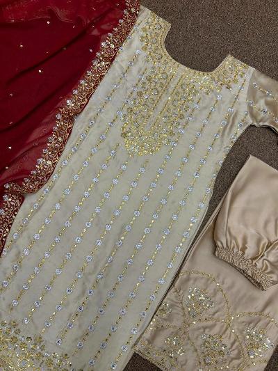 Champagne Gold Silk Sequins Red Dupatta Salwar Suit