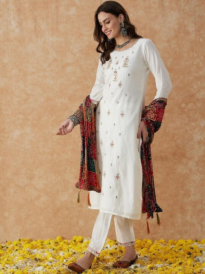White Chanderi Salwar Suit With Multicolour Muslin Dupatta