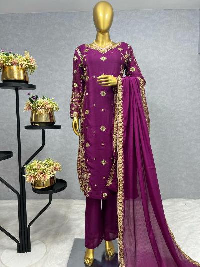 Deep Purple Chinon Silk Sequins Stone Work Salwar Suit