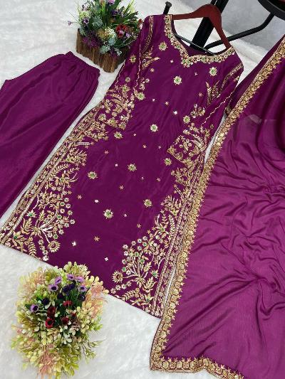 Deep Purple Chinon Silk Sequins Stone Work Salwar Suit